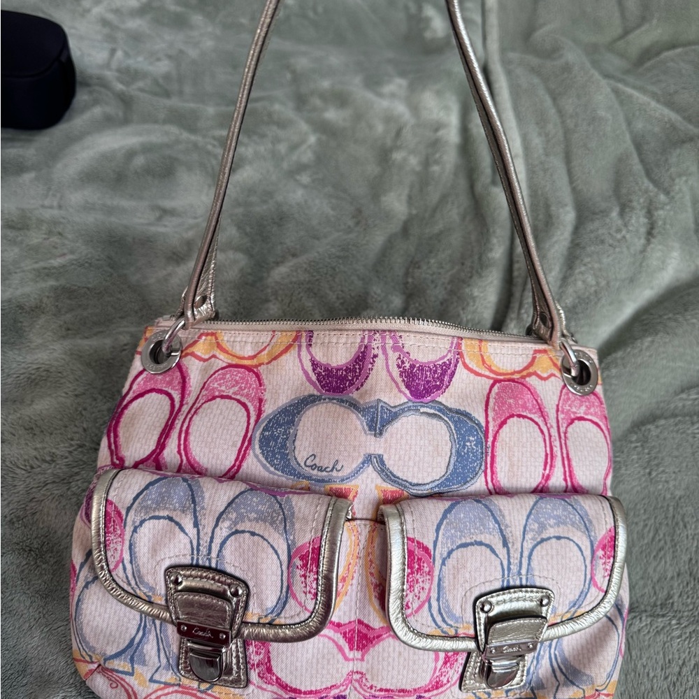 Coach Multicolor Patterned Shoulder Bag with Silver Accents